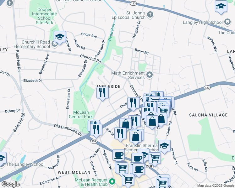 map of restaurants, bars, coffee shops, grocery stores, and more near 6851 Melrose Drive in McLean