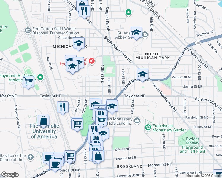 map of restaurants, bars, coffee shops, grocery stores, and more near 4221 12th Place Northeast in Washington