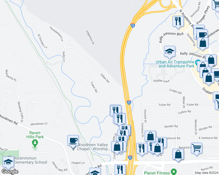 map of restaurants, bars, coffee shops, grocery stores, and more near 7512 Gillen Road in Colorado Springs