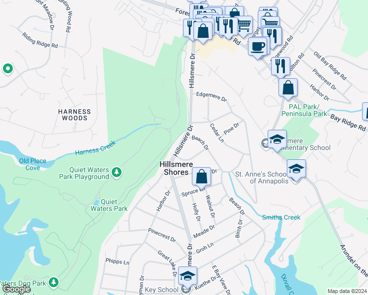 map of restaurants, bars, coffee shops, grocery stores, and more near 313 Hillsmere Drive in Annapolis