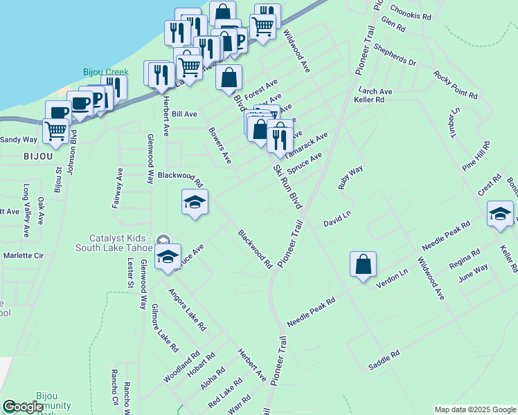 map of restaurants, bars, coffee shops, grocery stores, and more near 3605 Terry Avenue in South Lake Tahoe