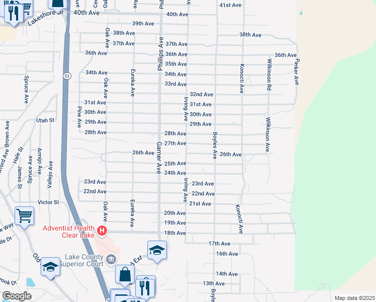 map of restaurants, bars, coffee shops, grocery stores, and more near 16004 26th Avenue in Clearlake