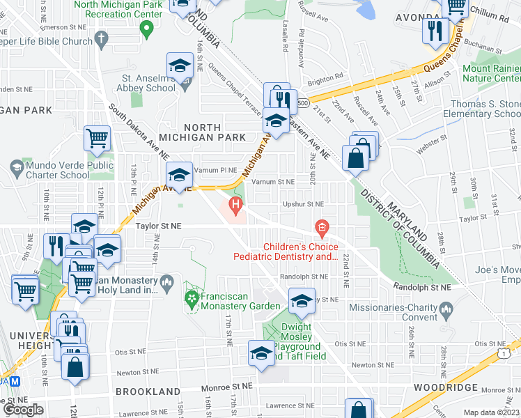 map of restaurants, bars, coffee shops, grocery stores, and more near 1819 Upshur Street Northeast in Washington