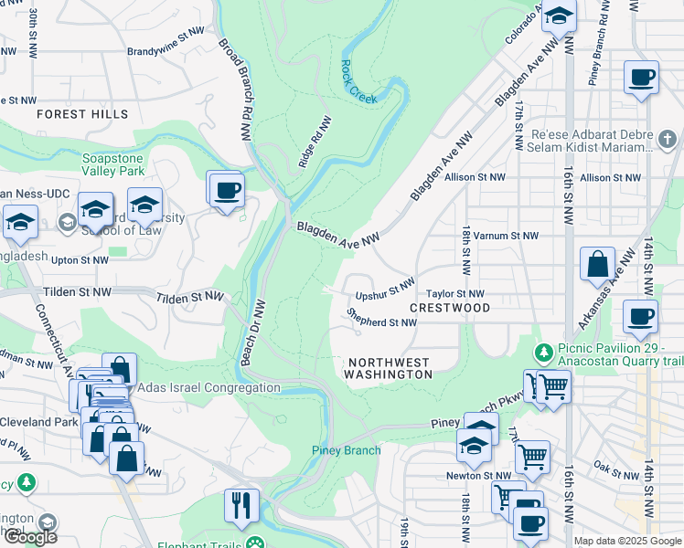 map of restaurants, bars, coffee shops, grocery stores, and more near 2055 Trumbull Terrace Northwest in Washington