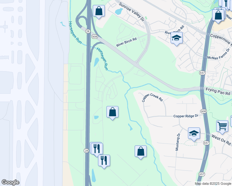 map of restaurants, bars, coffee shops, grocery stores, and more near 2646 Velocity Road in Herndon