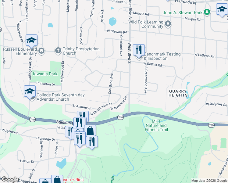 map of restaurants, bars, coffee shops, grocery stores, and more near 1108 Saint Christopher Street in Columbia