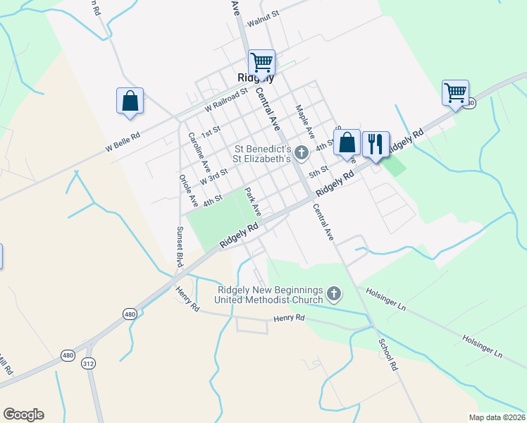 map of restaurants, bars, coffee shops, grocery stores, and more near 506 Park Avenue in Ridgely