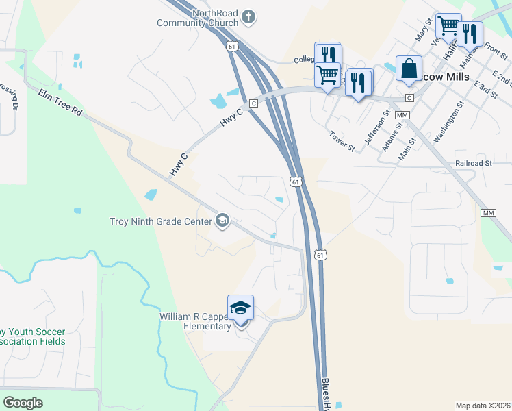 map of restaurants, bars, coffee shops, grocery stores, and more near 138 Pam Court in Moscow Mills