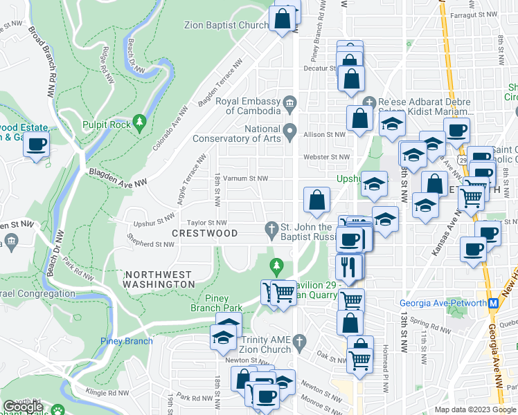 map of restaurants, bars, coffee shops, grocery stores, and more near 4120 17th Street Northwest in Washington