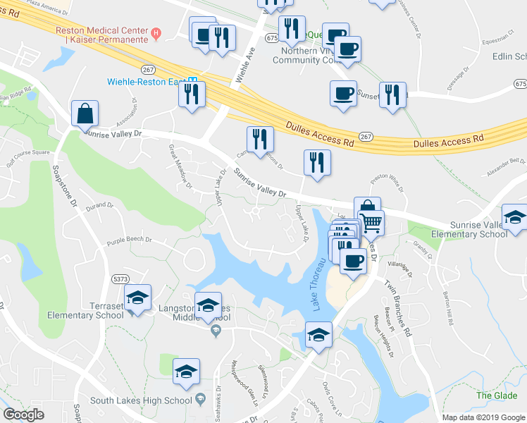 map of restaurants, bars, coffee shops, grocery stores, and more near 2009 Headlands Circle in Reston