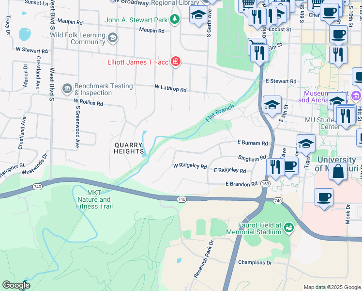 map of restaurants, bars, coffee shops, grocery stores, and more near 205 West Burnam Road in Columbia