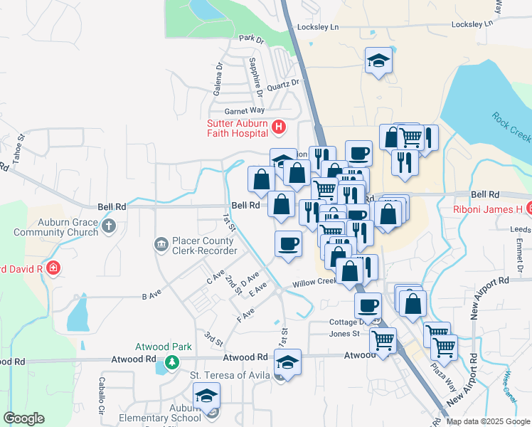 map of restaurants, bars, coffee shops, grocery stores, and more near 3133 Professional Drive in Auburn