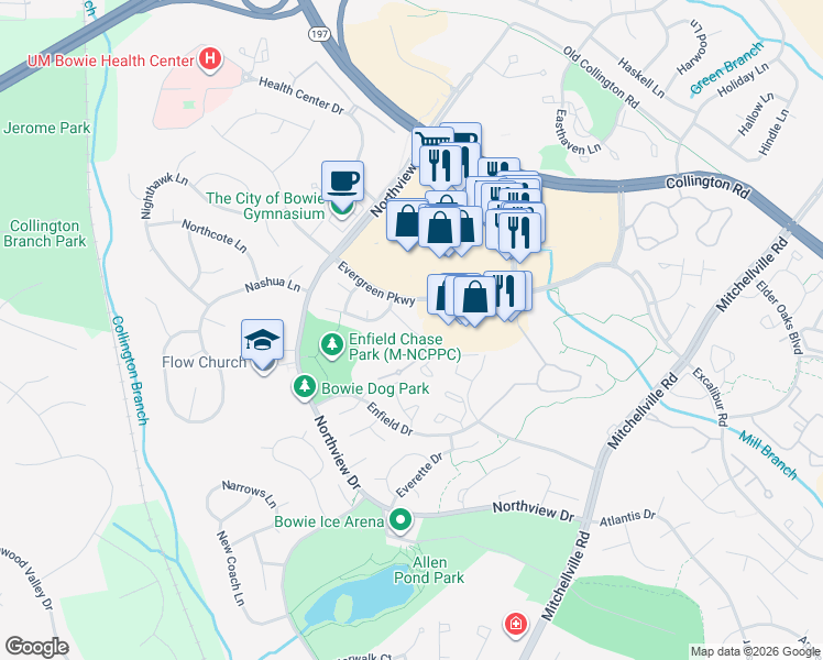 map of restaurants, bars, coffee shops, grocery stores, and more near Enfield Chase Court in Bowie