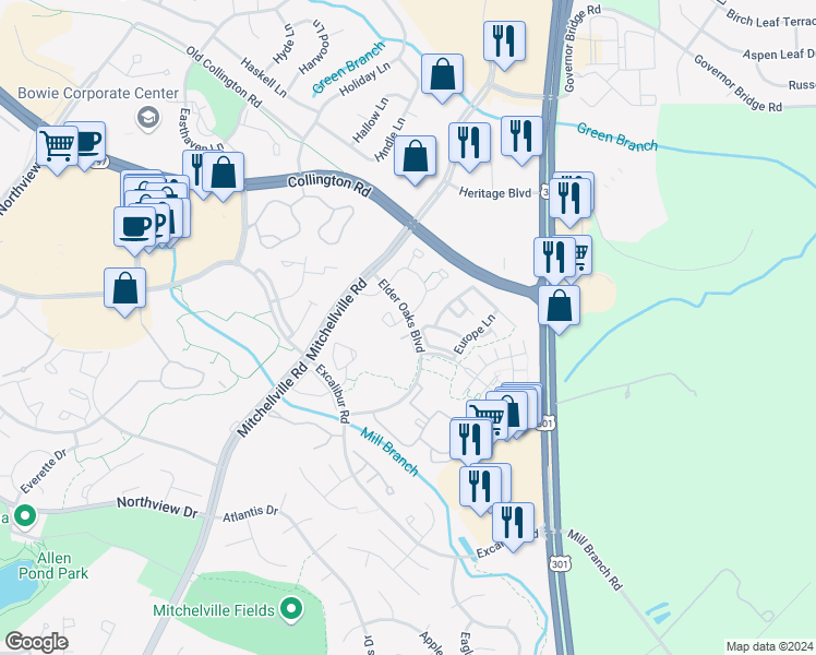 map of restaurants, bars, coffee shops, grocery stores, and more near 3797 Eight Penny Lane in Bowie