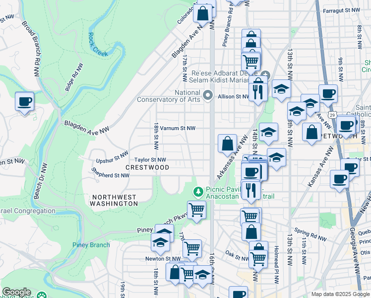 map of restaurants, bars, coffee shops, grocery stores, and more near 4120 17th Street Northwest in Washington