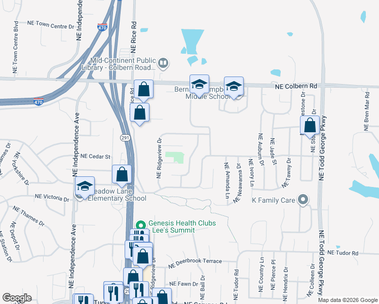 map of restaurants, bars, coffee shops, grocery stores, and more near 1624 Northeast Westwind Drive in Lee's Summit
