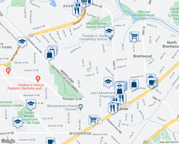 map of restaurants, bars, coffee shops, grocery stores, and more near 4202 30th Street in Mount Rainier