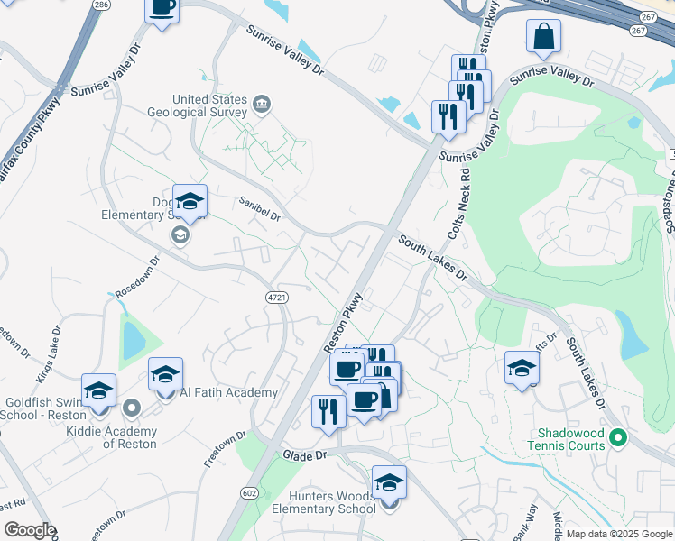 map of restaurants, bars, coffee shops, grocery stores, and more near 2379 Southgate Square in Reston