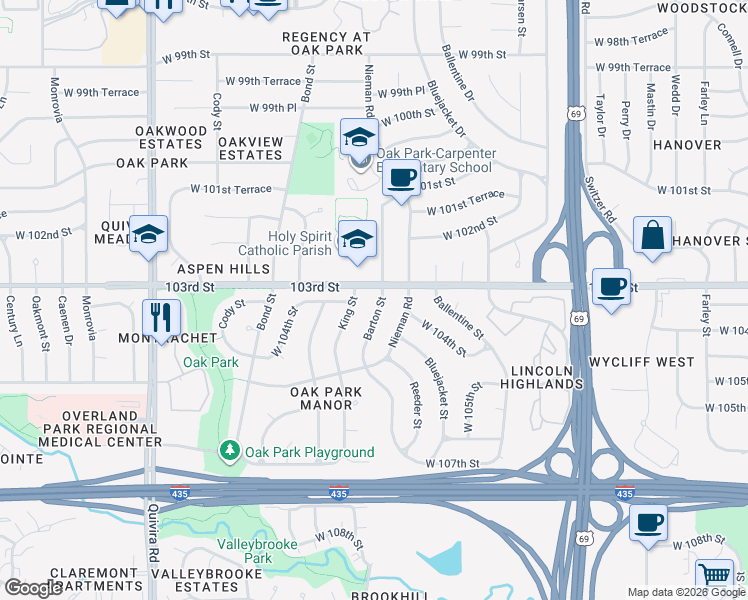 map of restaurants, bars, coffee shops, grocery stores, and more near 10305 King Street in Overland Park