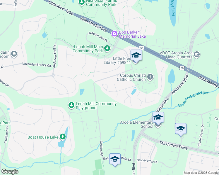 map of restaurants, bars, coffee shops, grocery stores, and more near 24444 Permian Circle in Aldie