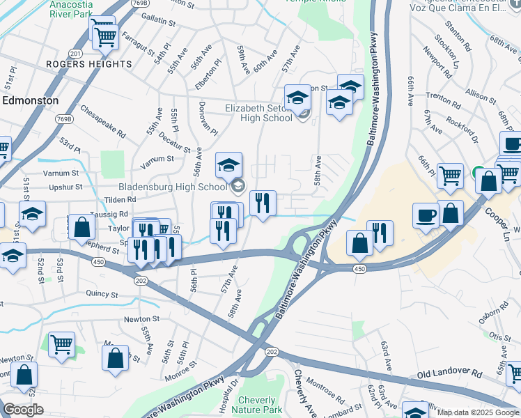 map of restaurants, bars, coffee shops, grocery stores, and more near 4215 57th Avenue in Bladensburg