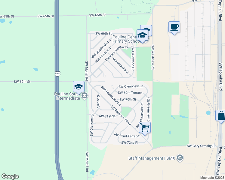 map of restaurants, bars, coffee shops, grocery stores, and more near 6934 Southwest Towerview Lane in Topeka