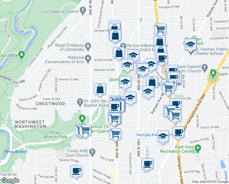 map of restaurants, bars, coffee shops, grocery stores, and more near 4120 14th Street Northwest in Washington