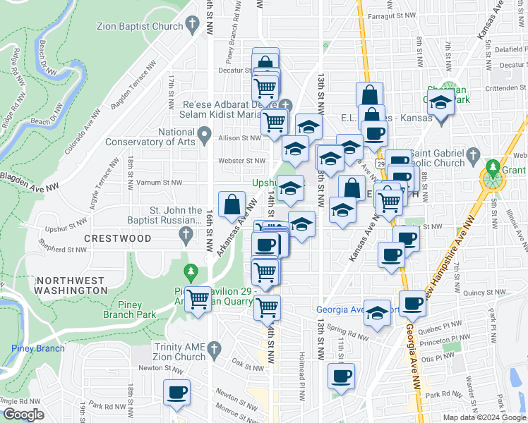 map of restaurants, bars, coffee shops, grocery stores, and more near 4120 14th Street Northwest in Washington