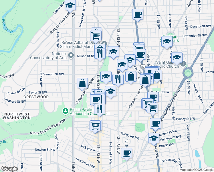 map of restaurants, bars, coffee shops, grocery stores, and more near 1350 Upshur Street Northwest in Washington