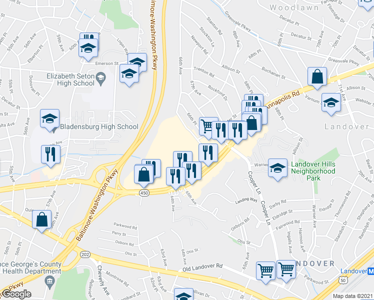 map of restaurants, bars, coffee shops, grocery stores, and more near Annapolis Road in Landover Hills