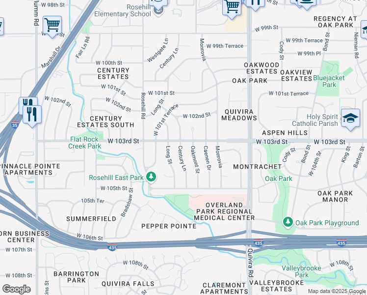 map of restaurants, bars, coffee shops, grocery stores, and more near 10309 Century Lane in Lenexa