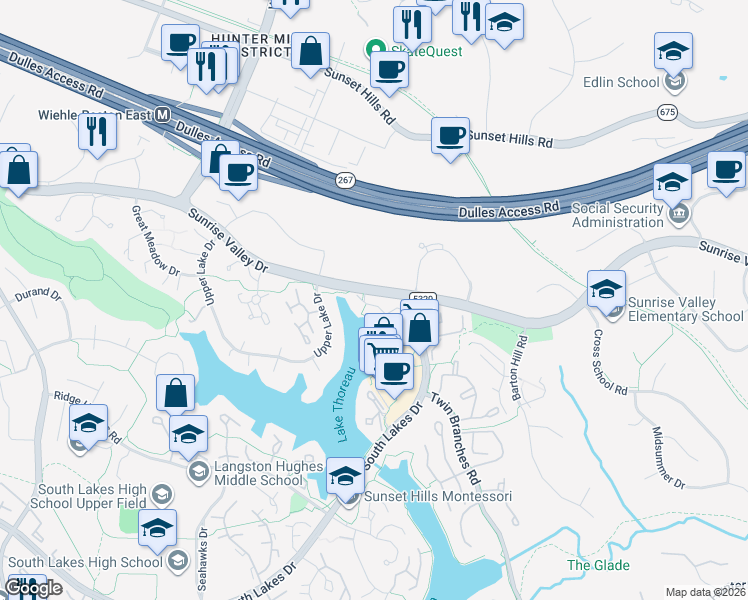 map of restaurants, bars, coffee shops, grocery stores, and more near 1928 Lakeport Way in Reston