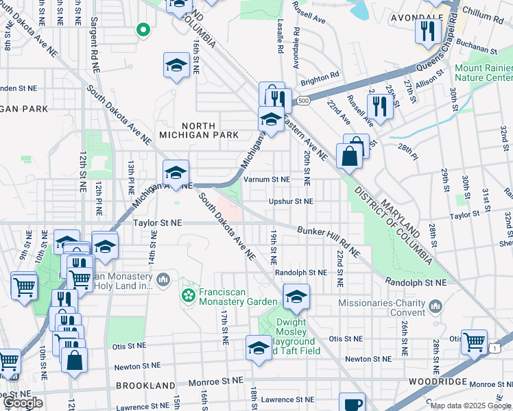 map of restaurants, bars, coffee shops, grocery stores, and more near 1819 Upshur Street Northeast in Washington