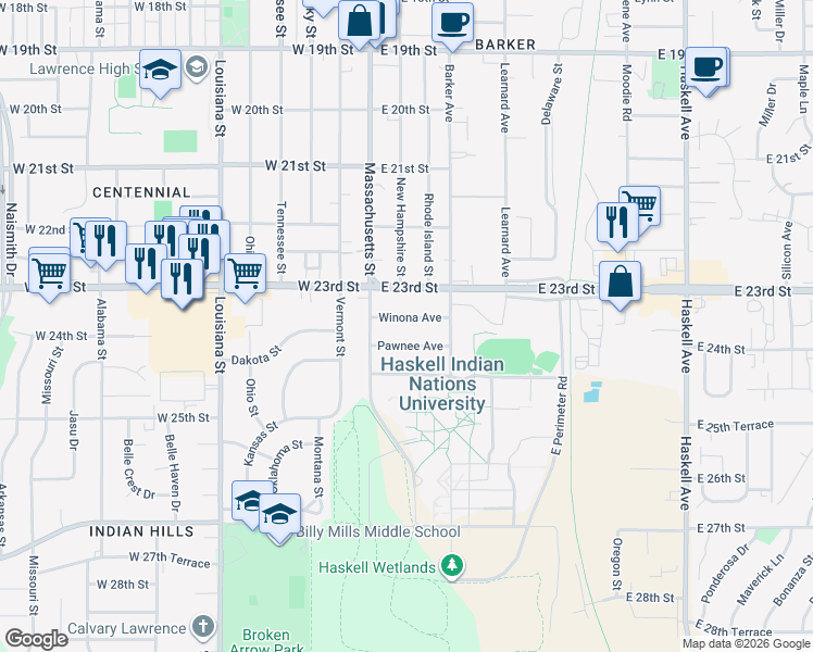 map of restaurants, bars, coffee shops, grocery stores, and more near 21 Winona Avenue in Lawrence