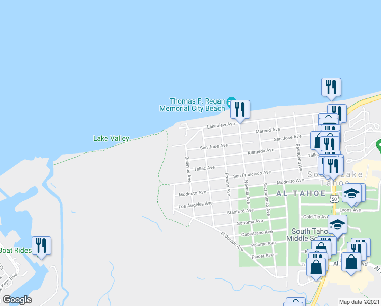 map of restaurants, bars, coffee shops, grocery stores, and more near 716 San Jose Avenue in South Lake Tahoe