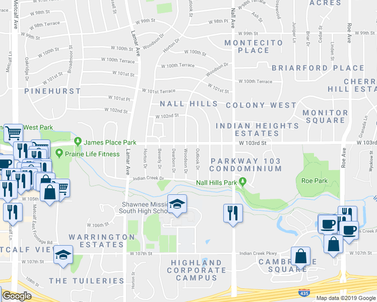 map of restaurants, bars, coffee shops, grocery stores, and more near 10311 Woodson Drive in Overland Park