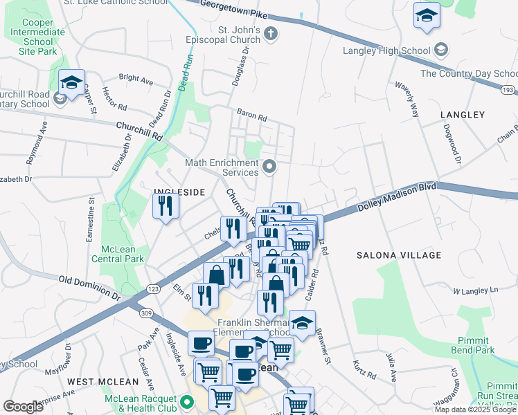 map of restaurants, bars, coffee shops, grocery stores, and more near 1243 Colonial Road in McLean