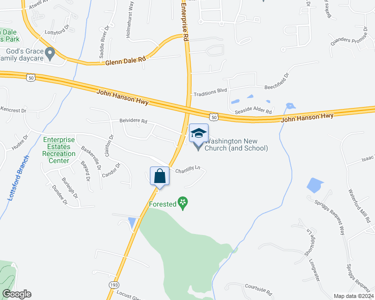 map of restaurants, bars, coffee shops, grocery stores, and more near 3801 Enterprise Road in Bowie