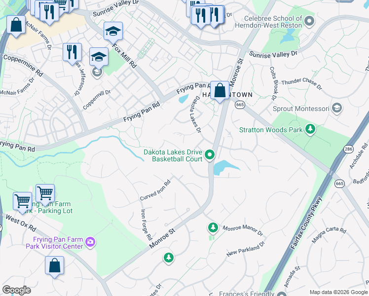 map of restaurants, bars, coffee shops, grocery stores, and more near 13004 Piney Glade Road in Herndon