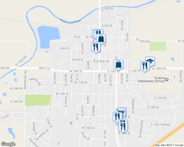 map of restaurants, bars, coffee shops, grocery stores, and more near 101 West 10th Street in Eudora