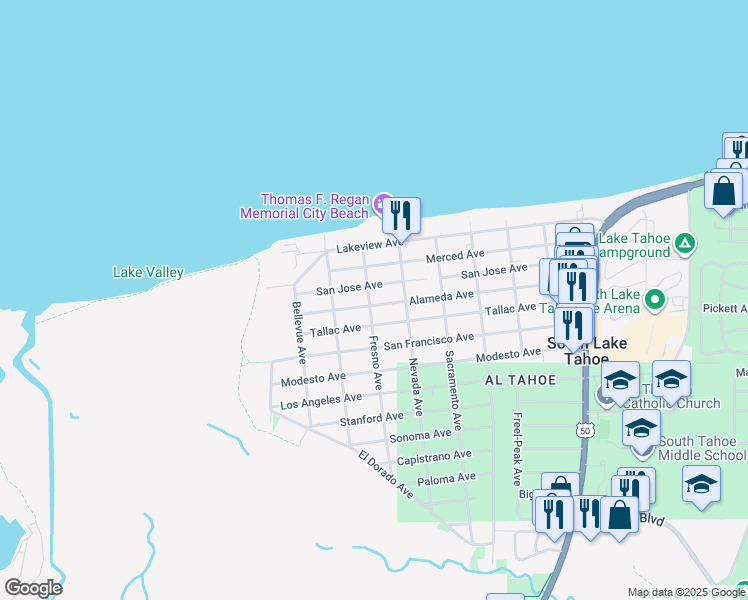 map of restaurants, bars, coffee shops, grocery stores, and more near 3132 Fresno Avenue in South Lake Tahoe
