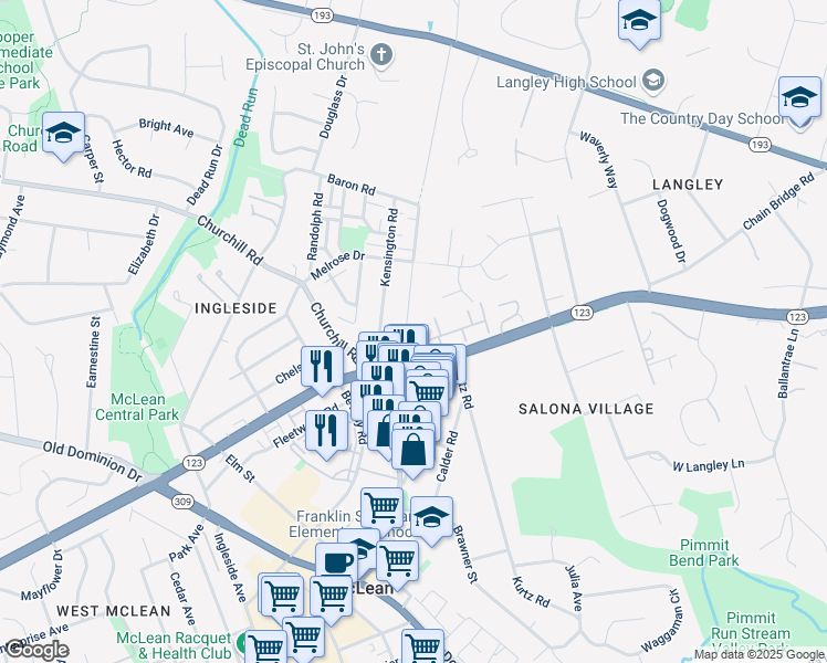 map of restaurants, bars, coffee shops, grocery stores, and more near 1243 Pine Hill Road in McLean