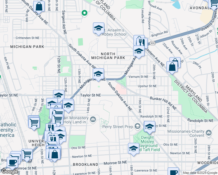 map of restaurants, bars, coffee shops, grocery stores, and more near 4236 South Dakota Avenue Northeast in Washington