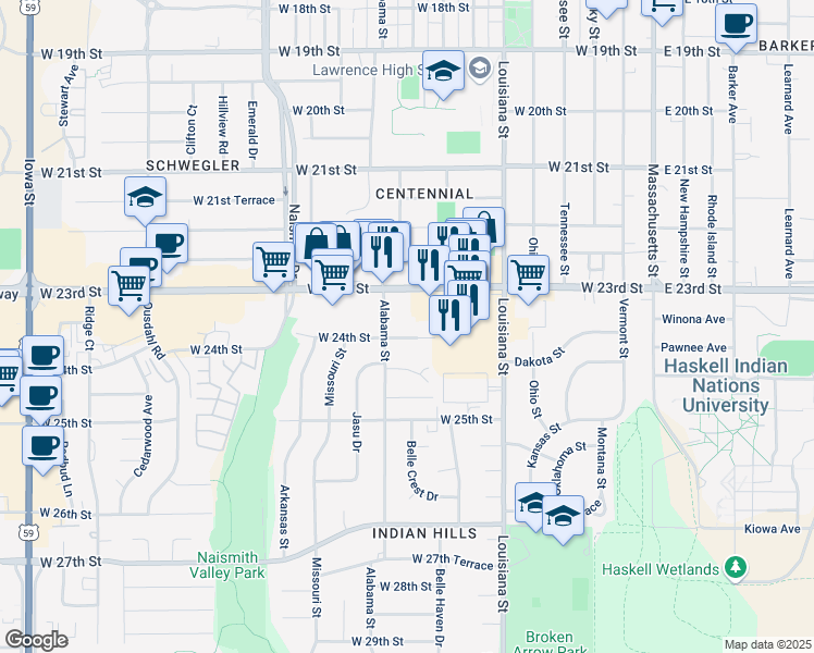map of restaurants, bars, coffee shops, grocery stores, and more near 816 West 24th Street in Lawrence