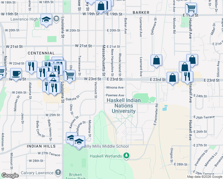 map of restaurants, bars, coffee shops, grocery stores, and more near 21 Winona Avenue in Lawrence