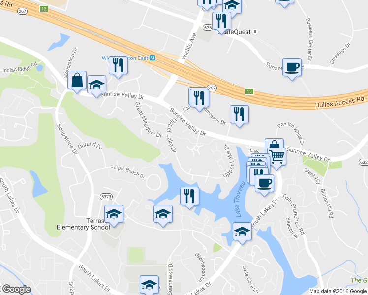 map of restaurants, bars, coffee shops, grocery stores, and more near 2020 Headlands Circle in Reston