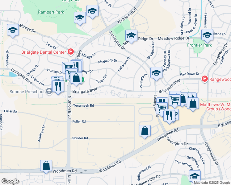 map of restaurants, bars, coffee shops, grocery stores, and more near 7576 Picacho Court in Colorado Springs