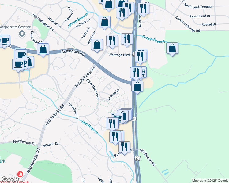 map of restaurants, bars, coffee shops, grocery stores, and more near 3812 Europe Lane in Bowie
