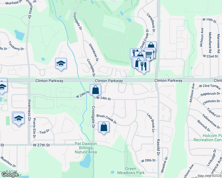 map of restaurants, bars, coffee shops, grocery stores, and more near 3705 Clinton Parkway in Lawrence