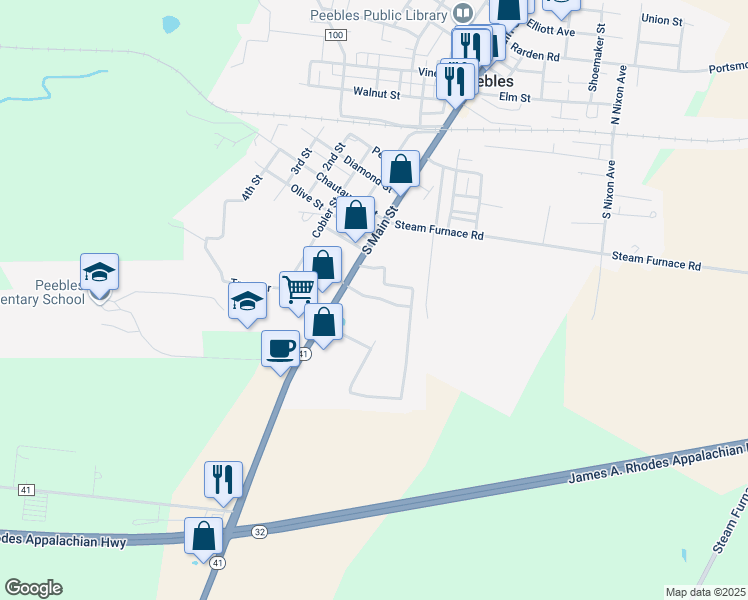 map of restaurants, bars, coffee shops, grocery stores, and more near 25934 South Main Street in Peebles
